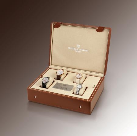 Quatre garde-temps Frédérique Constant réunis dans un coffret composent le Family Set destiné à la vente aux enchères Only Watch organisée au profit de la recherche contre la maladie de Duchenne.