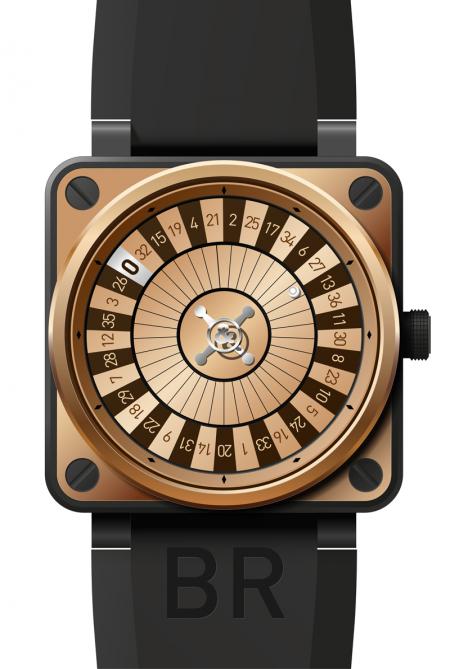 La BR01 CASINO Pink Gold Only Watch : boîtier en or rose et acier finition PVD noir, mouvement automatique, affichage de l'indication horaire par disques concentriques, étanche jusqu'à 100 mètres.