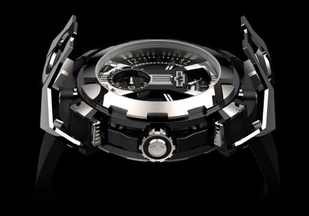 La X-Watch de DeWitt - ici côté tourbillon - avec le capot articulé en forme de X en position ouverte.