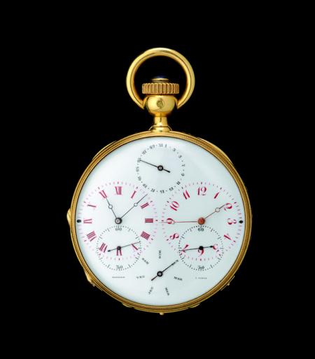 Parmi la cinquantaine de pièces exposées A La Vieille Russie, cette Montre de poche double fuseaux horaires de 1870.© 2011 Musée d'Horlogerie du Locle Château des Monts