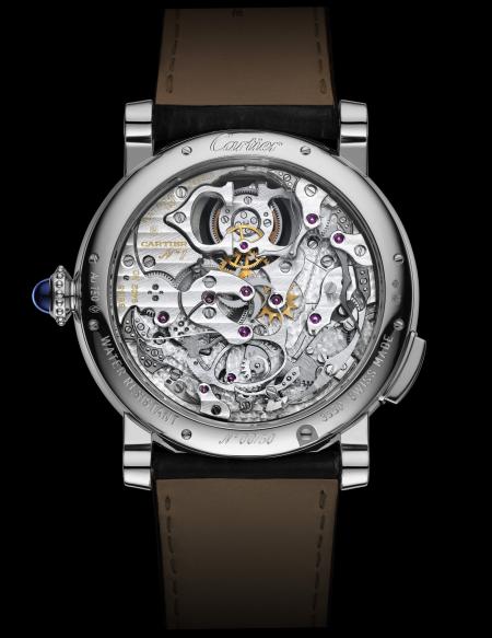 Montre Rotonde de Cartier Répétition Minutes Tourbillon Volant calibre 9402 MC, Poinçon de Genève. Côté fond.