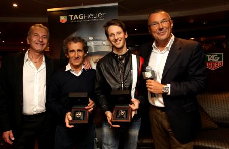 Michel Ferry (Commissaire Général de l'ACM et Directeur de course du Grand Prix de Monaco), Alain Prost, Romain Grosjean (nouvel ambassadeur TAG Heuer) et Jean-Christophe Babin (Directeur Général de TAG Heuer).