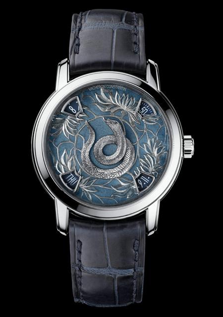 La Légende du Zodiac Chinois - Année du Serpent - Platine - Cadran Email Grand Feu - Bracelet Alligator