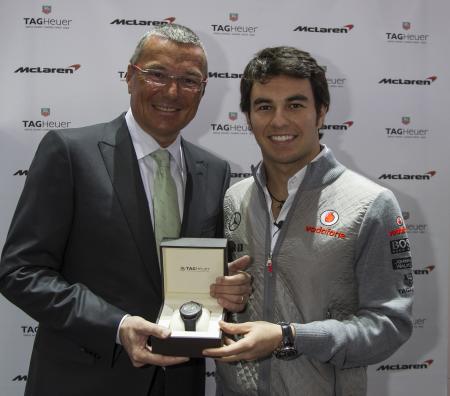 Jean-Christophe Babin et le pilote mexicain Sergio Perez, nouvel ambassadeur TAG Heuer.