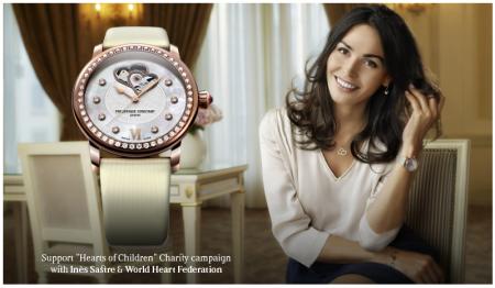 Inès Sastre, ambassadrice de l'oeuvre caritative de Frédérique Constant, et l'une des montres de la collection dédiée à la Fédération mondiale du Coeur.