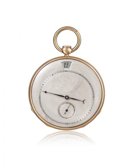 Ref. 11411 - 1827 - Montre de poche, répétition à quarts, heures sautantes, or jaune 18K. Cadran argent, petite seconde à 6H, minuterie.