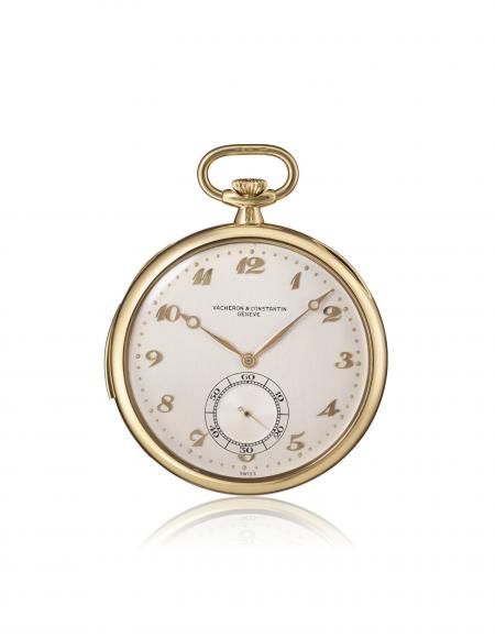 Ref. 10938 - 1938 - Montre de poche ronde, répétition minutes, or jaune 18K, petite seconde à 6H, cadran argenté, satiné vertical, avec 12 chiffres arabes et minuterie externe.