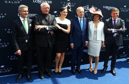 Thierry Delègue, Directeur Général de France Galop, Walter von Känel, Président de Longines, Kate Winslet, Ambassadrice Longines de l’Elégance, Bertrand Bélinguier, President de France Galop, Nathalie Bélinguier, Présidente de la Fédération Internationale