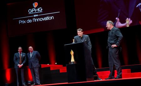 Benjamin Clymer et William Rohr (membres du jury), Felix Baumgartner et Martin Frei (Co-fondateurs de Urwerk, marque lauréate du Prix de l’Innovation 2014)