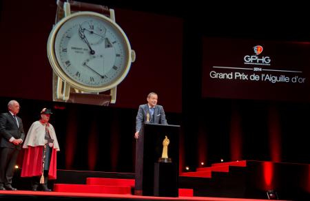 Johann Schneider-Ammann (Conseiller fédéral) et Jean-Charles Zufferey (Vice-président de Breguet, marque gagnante du Grand Prix de l’Aguille d’Or 2014)