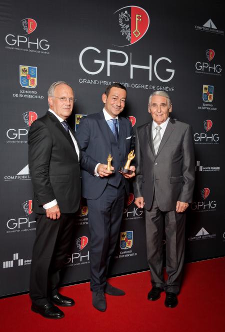 Johann Schneider-Ammann (Conseiller fédéral), Jean-Charles Zufferey (Vice-président de Breguet, marque gagnante du Grand Prix de l’Aguille d’Or 2014) et Carlo Lamprecht (Président de la Fondation du GPHG)