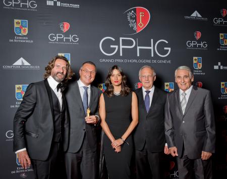 Frédéric Beigbeder (présentateur), Jean-Christophe Babin (CEO de Bulgari, marque lauréate du Prix de la Montre Joaillerie 2014), Melanie Winiger (présentatrice), Johann Schneider-Ammann (Conseiller fédéral) et Carlo Lamprecht (Président de la Fondation du