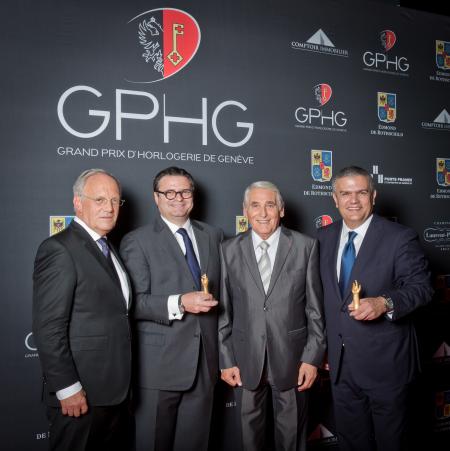 Johann Schneider-Ammann (Conseiller fédéral), Aldo Magada (Président & CEO de Zenith, marque lauréate du Prix de la Montre Sport 2014), Carlo Lamprecht (Président de la Fondation du GPHG) et Ricardo Guadalupe (CEO de Hublot, marque lauréate du Prix de la 