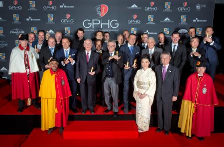 Les Lauréats du Grand Prix d’Horlogerie de Genève 2014 : Bart et Tim Grönefeld (Co-fondateurs de Grönefeld), Kari Voutilainen (Fondateur de Voutilainen), Felix Baumgartner et Martin Frei (Co-fondateurs de Urwerk), Pierre Jacques (CEO de De Bethune), Walte