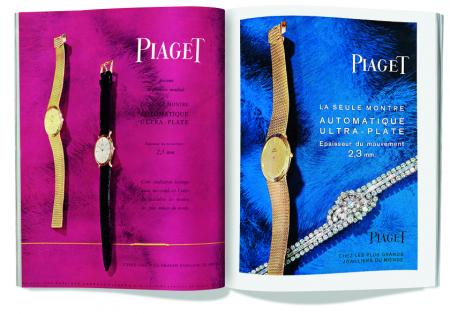 Publicités Piaget. À gauche : Montres équipées du mouvement extra-plat 12P, vers 1960 - À droite : Montre à secret haute joaillerie et montre équipée du mouvement extra-plat 12P, vers 1960. ©Archives Piaget