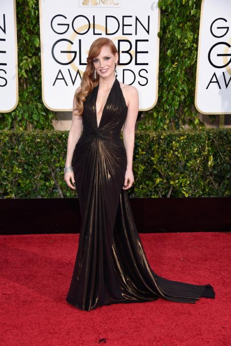 Jessica Chastain, le nouveau visage de la femme Piaget, lors des Golden Globes