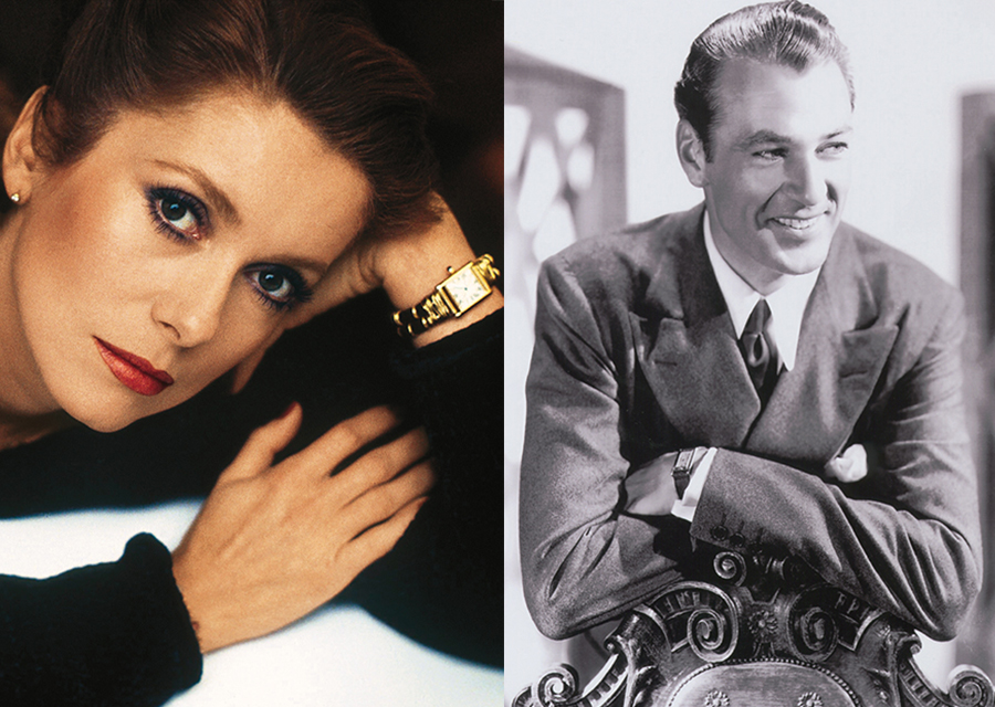 Catherine Deneuve porte une montre Tank. 1984 - © Jean-Jacques Lapeyronnie/Gamma - L’acteur américain Gary Cooper porte sa montre Tank Basculante. - Courtesy of Mrs Maria Cooper Janis /© Rue des Archives /RDA