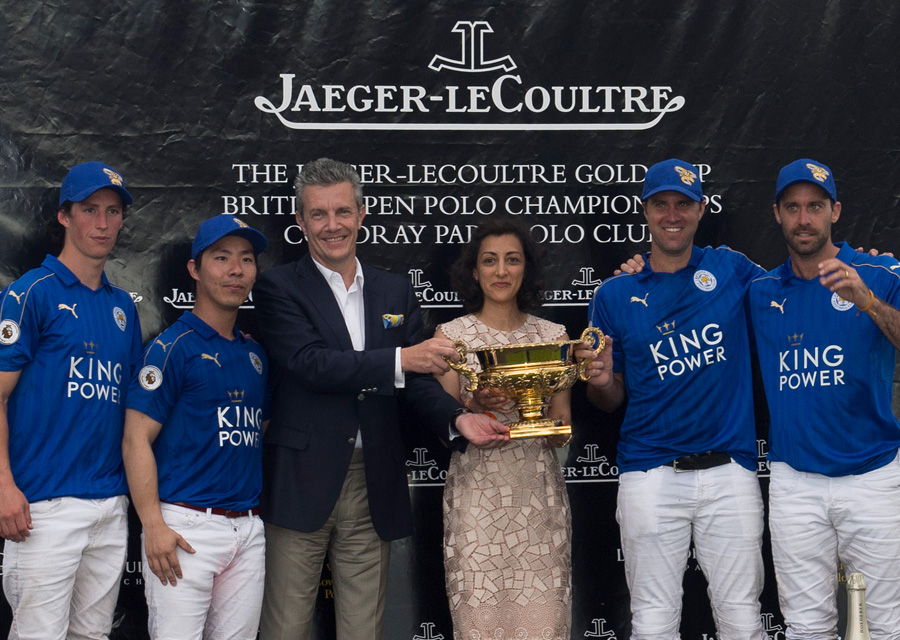 Jaeger-LeCoultre CEO Daniel Riedo, and UK Director Zahra Kassim-Lakha presenting the Trophy to the winning team King Power Foxes©Vanessa Taylor Photography