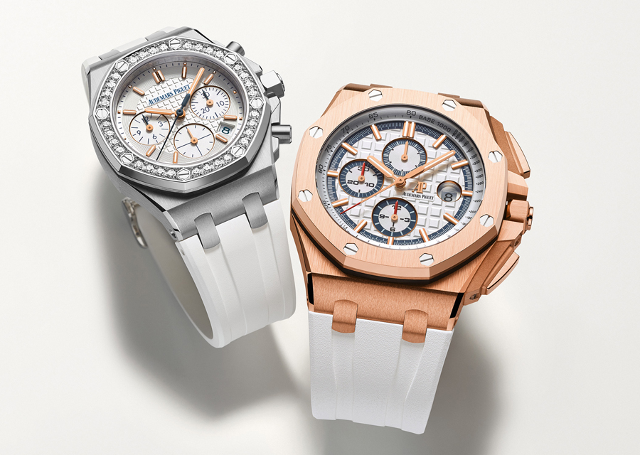 Les deux éditions limitées de la Royal Oak Offshore dédiées à l'Hôtel Byblos (version pour femmes à gauche - pour hommes à droite)