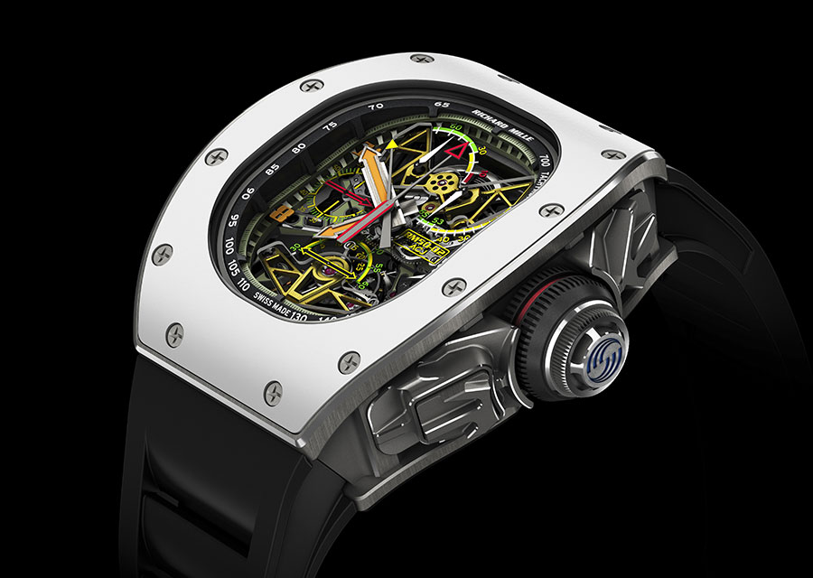 Richard Mille RM Airbus ACJ RM-50-02 : Edition limitée : 30 exemplaires, Boîtier en alliage Titane-Aluminium, Lunette en céramique blanche ATZ, Verre saphir, Aiguilles et index luminescents, Mouvement tourbillon squelette à remontage manuel, Chronographe à Rattrapante, Compteur 60 Minutes, Indicateurs de fonction, de couple et de réserve de marche (70 heures), Bracelet en caoutchouc, Etanchéité : 50 m.