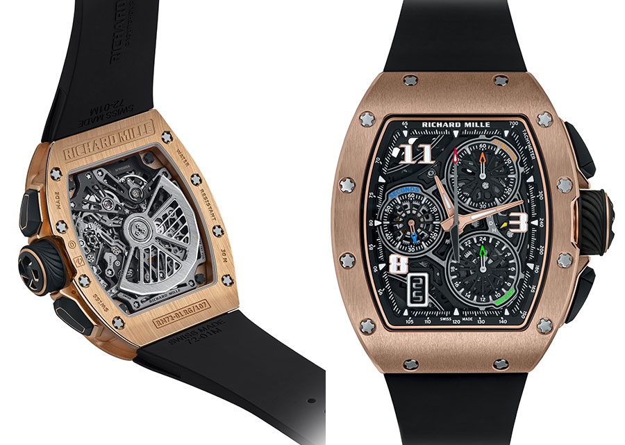 Richard Mille RM 72-01 Lifestyle Chronographe Flyback : Boîtier de forme tonneau en or rouge, Dimensions : 38,40 x 47,34 mm, Couronne avec bague en caoutchouc, Poussoirs en or rouge et céramique noire, Compteurs 24 heures et 60 minutes de chrono, Aiguilles, chiffres et index luminescents, Fond saphir, Calibre "in-house" CRMC1 : mouvement chronographe squelette automatique avec fonction flyback (retour en vol), Bracelet en caoutchouc, Etanchéité : 30 m.