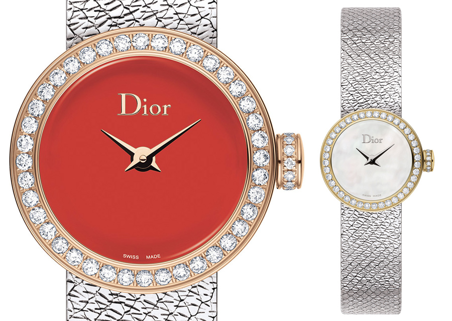 Les Mini D de Dior bicolores en acier et or jaune ou or rose sont serties de diamants sur la lunette