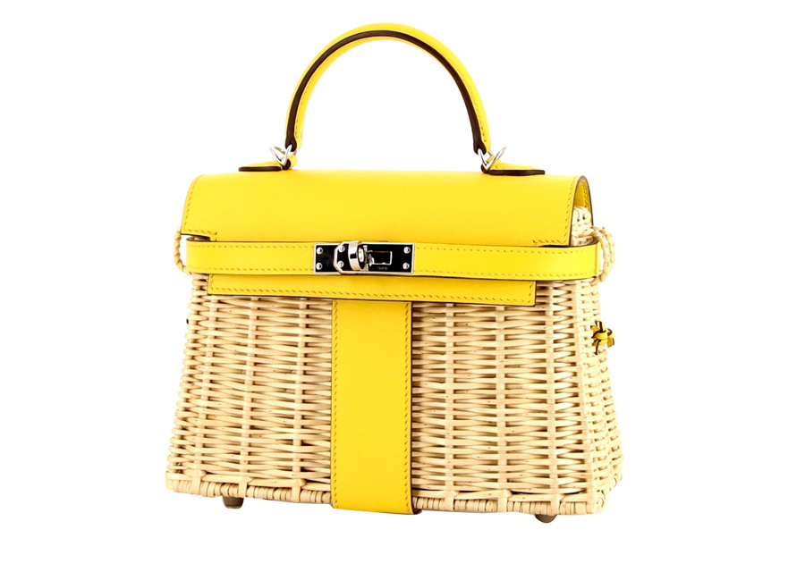 Le Hermès Kelly 20 cm Picnic en osier et cuir jaune