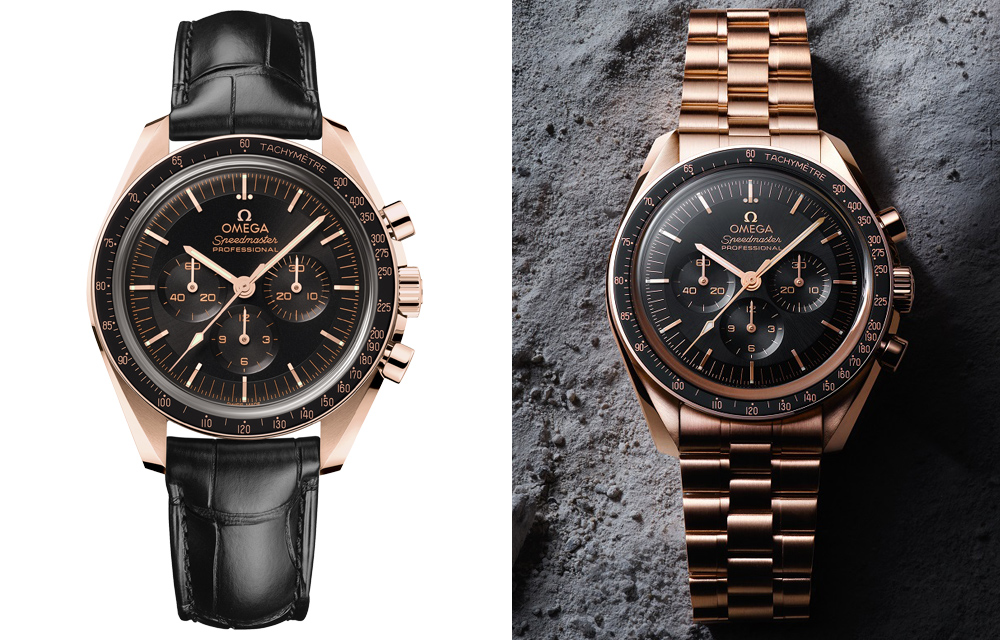 Le modèle Omega Speedmaster Moonwatch Master Chronometer existe aussi en version or Sedna™