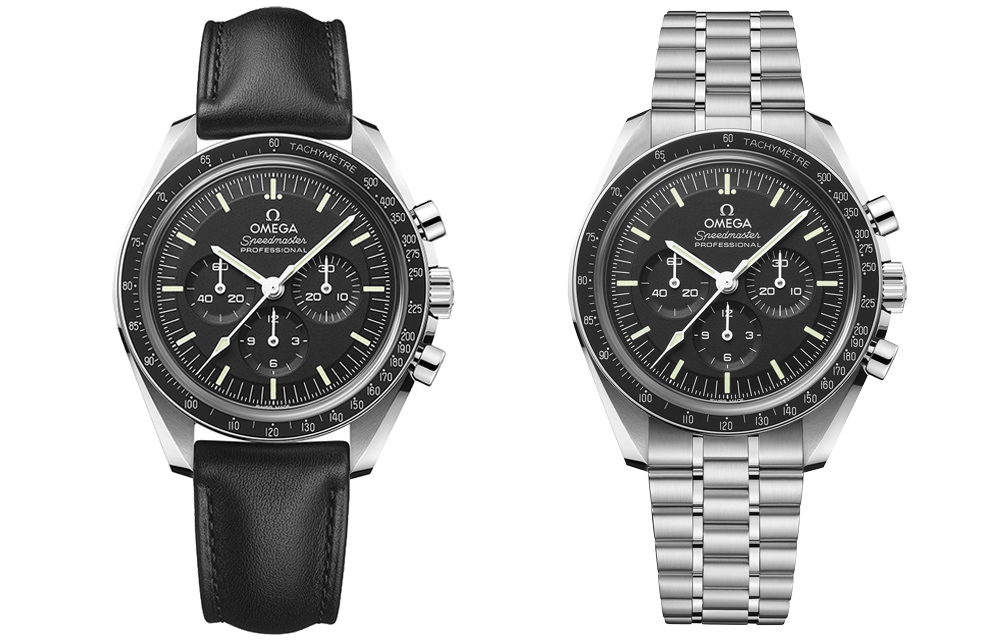 L'Omega Speedmaster Moonwatch Master Chronometer en acier avec verre saphir sur bracelet acier ou sur bracelet cuir noir