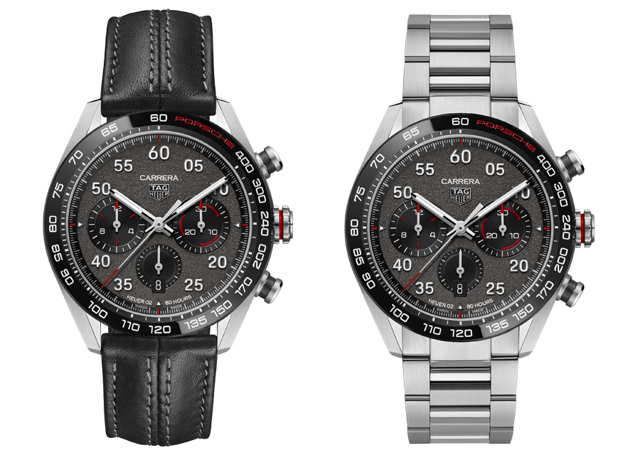 Le Chronographe TAG Heuer Carrera Porsche est proposé en deux versions différentes : en tout acier ou sur bracelet en cuir.