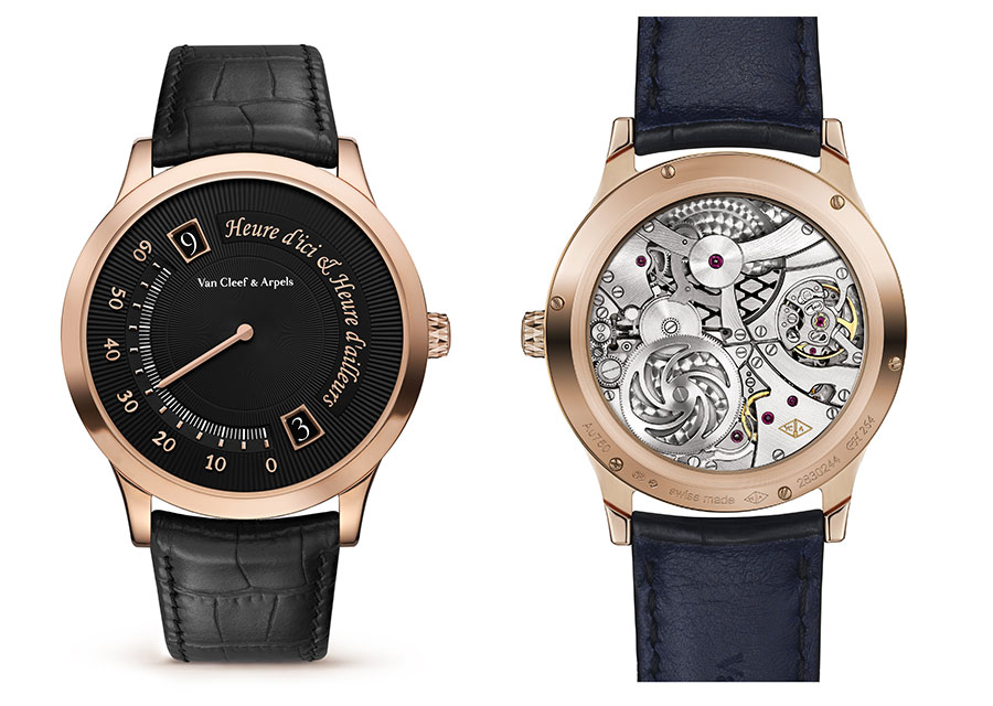 Montre Midnight Heure d’Ici & Heure d’Ailleurs de Van Cleef & Arpels est dotée d’un mouvement double fuseau horaire propre à la Maison.