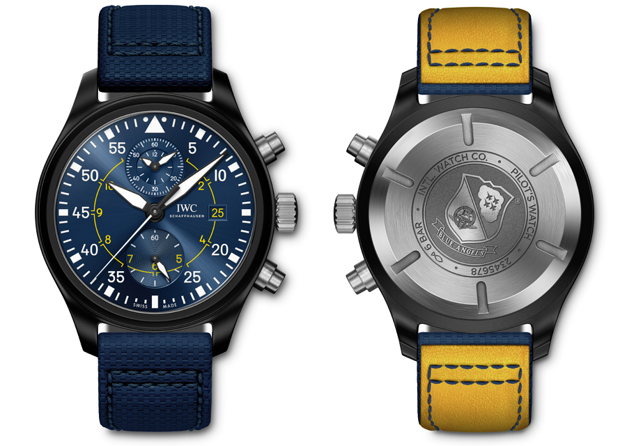 La Montre d'Aviateur Chronographe Edition "Blue Angels" de IWC arbore l'échelle des minutes sur le pourtour comme les anciennes montres d'observation des années 30 et 40.