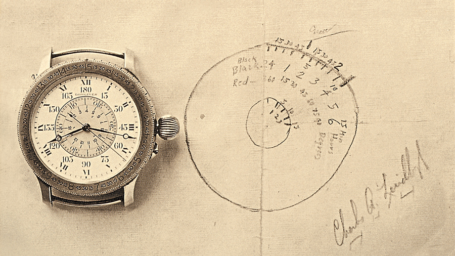 Croquis de Charles Lindbergh et ancienne version de la Montre Longines Lindberg à Angle Horaire