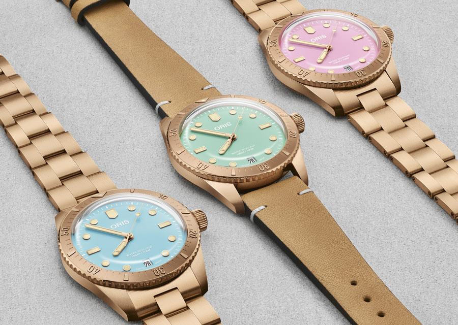 Les montres en bronze Oris Divers Sixty-Five Cotton Candy arborent des cadrans couleurs pastel