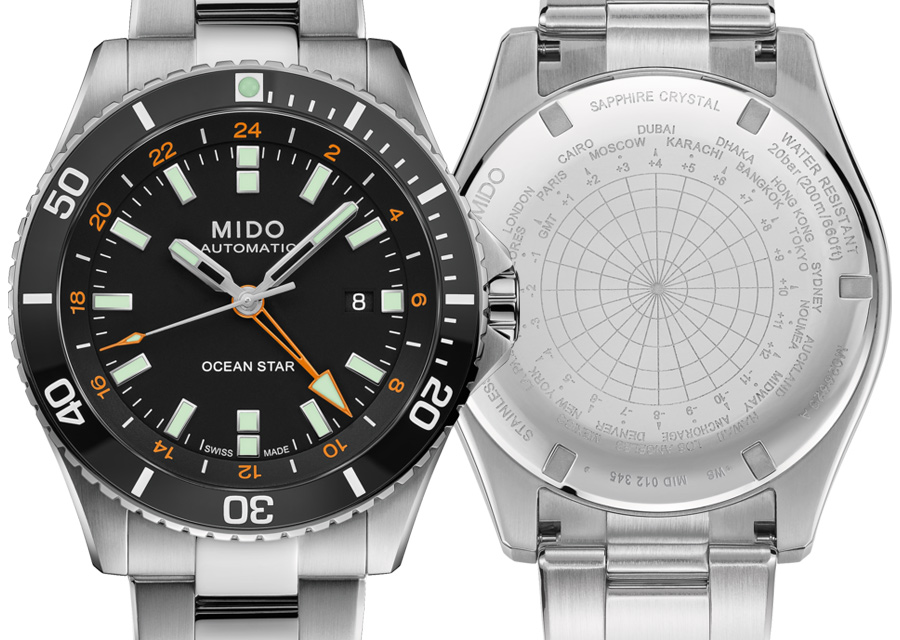 La montre de plongée Mido Ocean Star GMT en acier possède une lunette en céramique noire