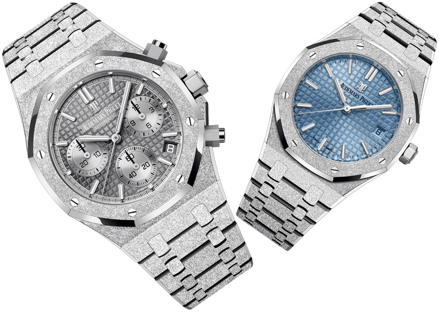 Royal Oak Frosted Gold : chronographe gris clair pour les hommes ou modèle trois aiguilles et date bleu clair pour les femmes.