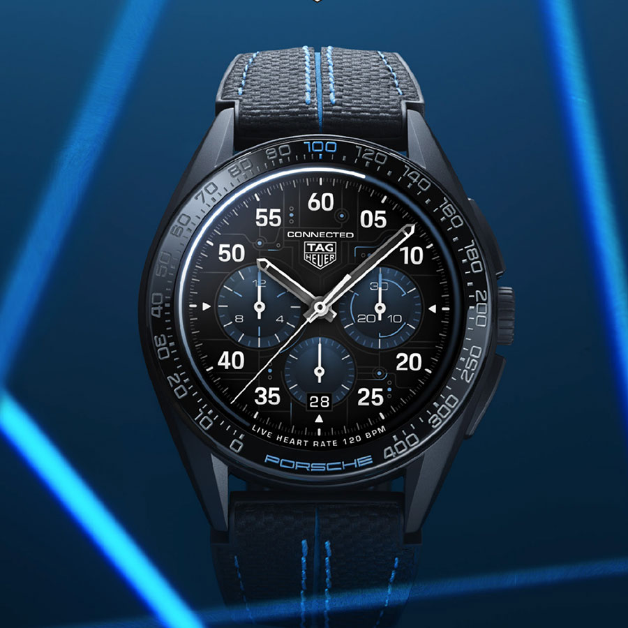 Le cadran "circuit imprimé" de la TAG Heuer Porsche Connected lui donne un look exclusif et très futuriste.